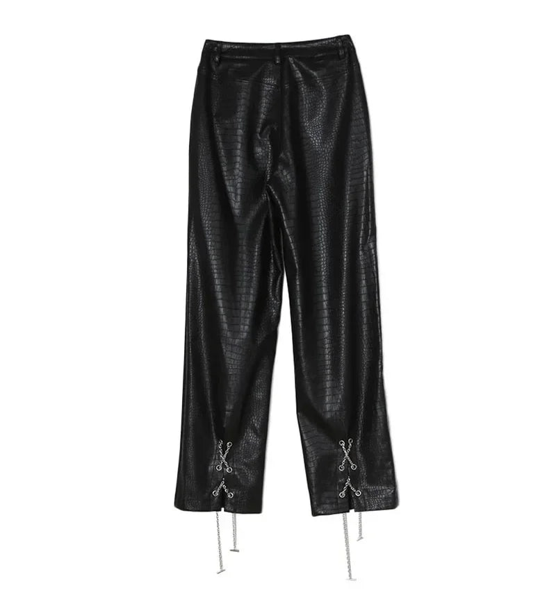 Lautaro Autumn Long Black Crocodile Texture Leather Pants Women Zipper High Waist Y2k Clothes Streetwear Women Trousers 2022