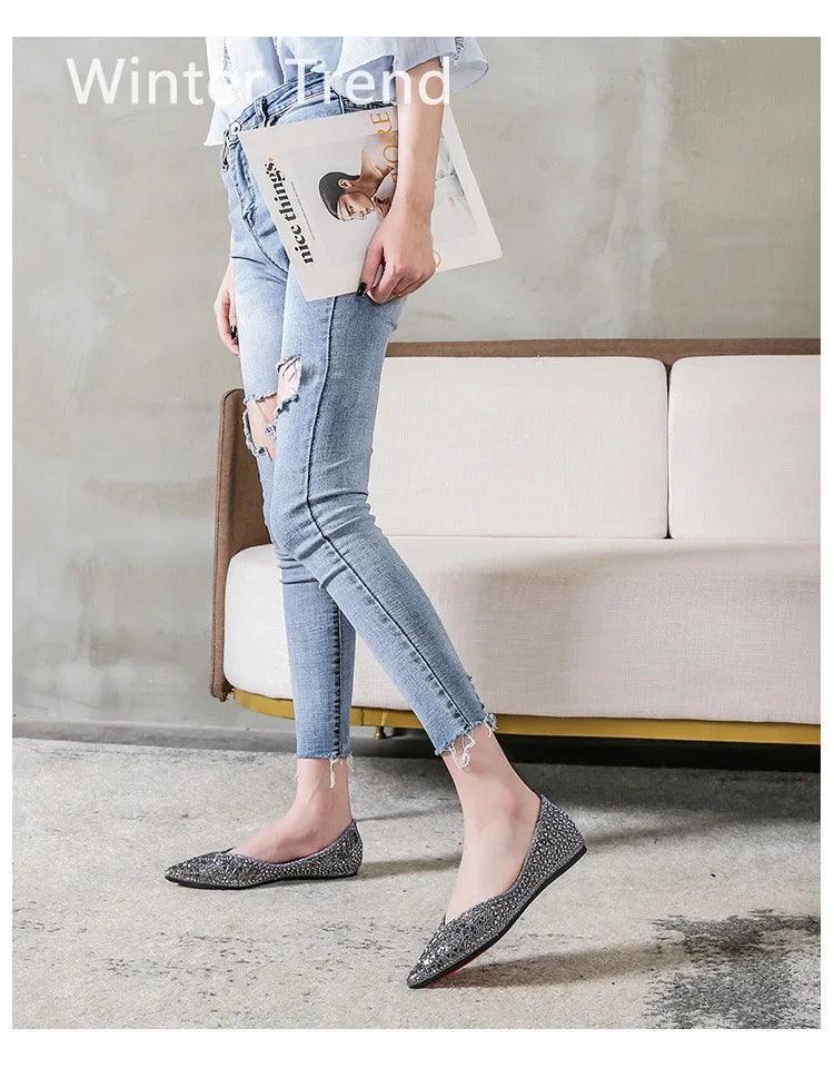 Women’s ballet rhinestones flats female plus size 43 slip on boat shoes chaussure