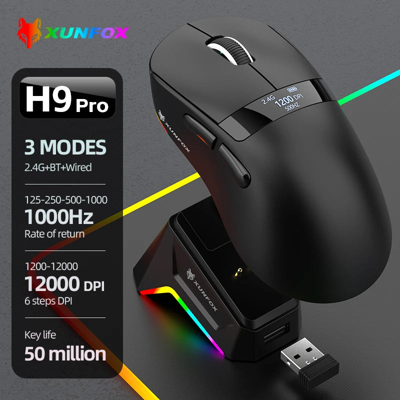 59g Superlight Wireless Gaming Mouse with Magnetic RGB Charging Dock，BT/2.4G Wireless/Wired Mouse, 22000 DPI，5 Programmable Butt