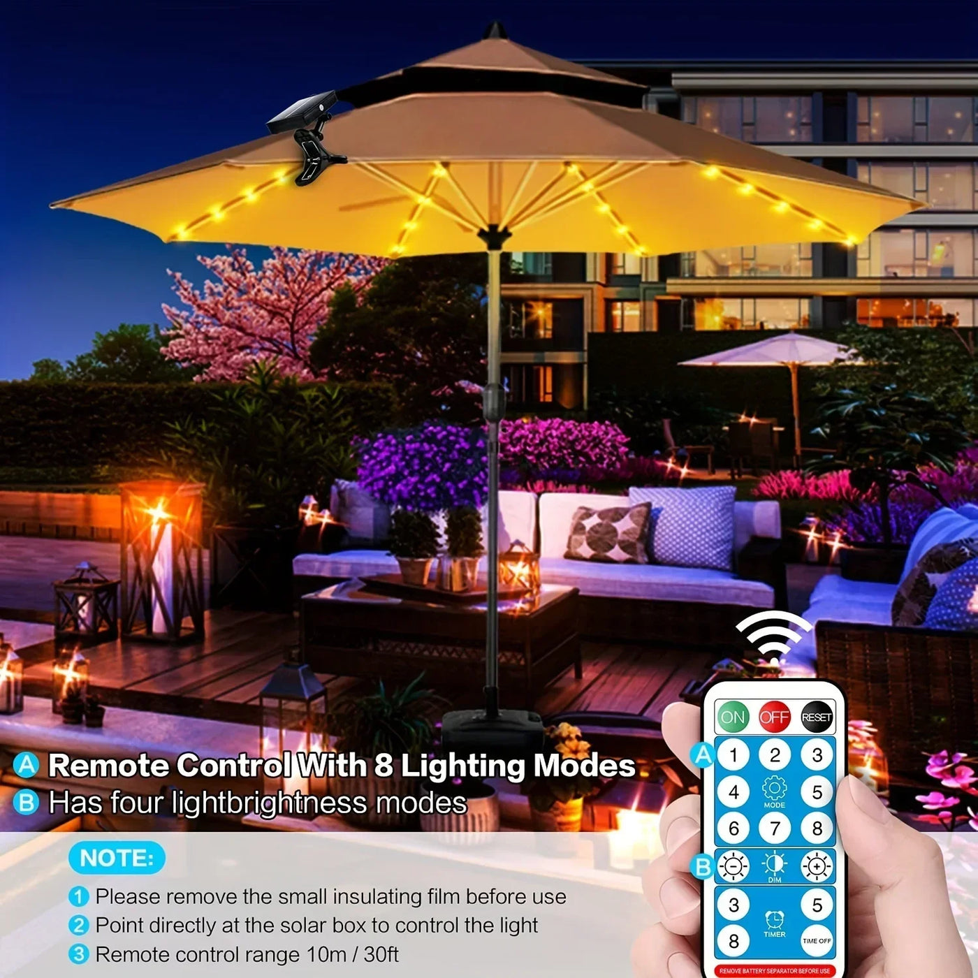 Solar Patio Umbrella Lights 8 Modes String Lights with Clip Waterproof Light for Outdoor Lighting Deck Garden Party Decoration