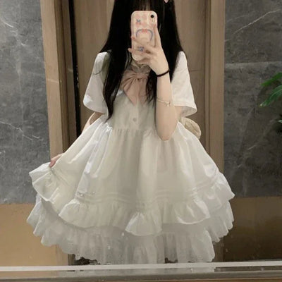 Sweet Summer Dress for Women Bow Tunic A-line Summer Robe Femme Short Sleeve Ruffles Cute Loose Dresses 2025 Vestidos De Mujer