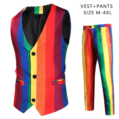 Men's Blazers Sets Rainbow Striped Print Blazers Jacket+Pants+Vest Man three Pieces Sets Prom Party Stage Singer Dancer Costumes