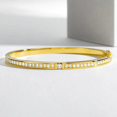 3mm Width Moissanite Bangle for Women Solid Yellow Gold 925 Silver Round Full Tennis Bracelet