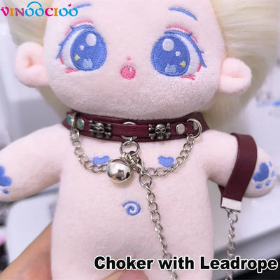 20cm Cotton Doll Choker Skull Necklace with Chains Bell Leather Leadrope Handmade Cotton Doll Accessories