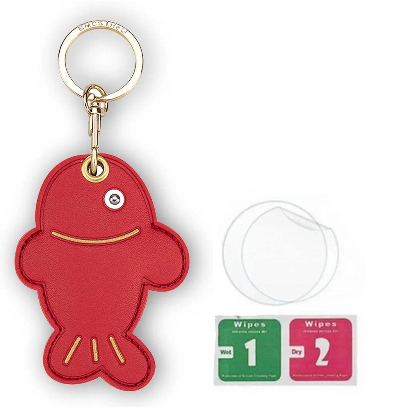 Red fish keychain with hand straps, gold hardware, and smiley face for AirTag