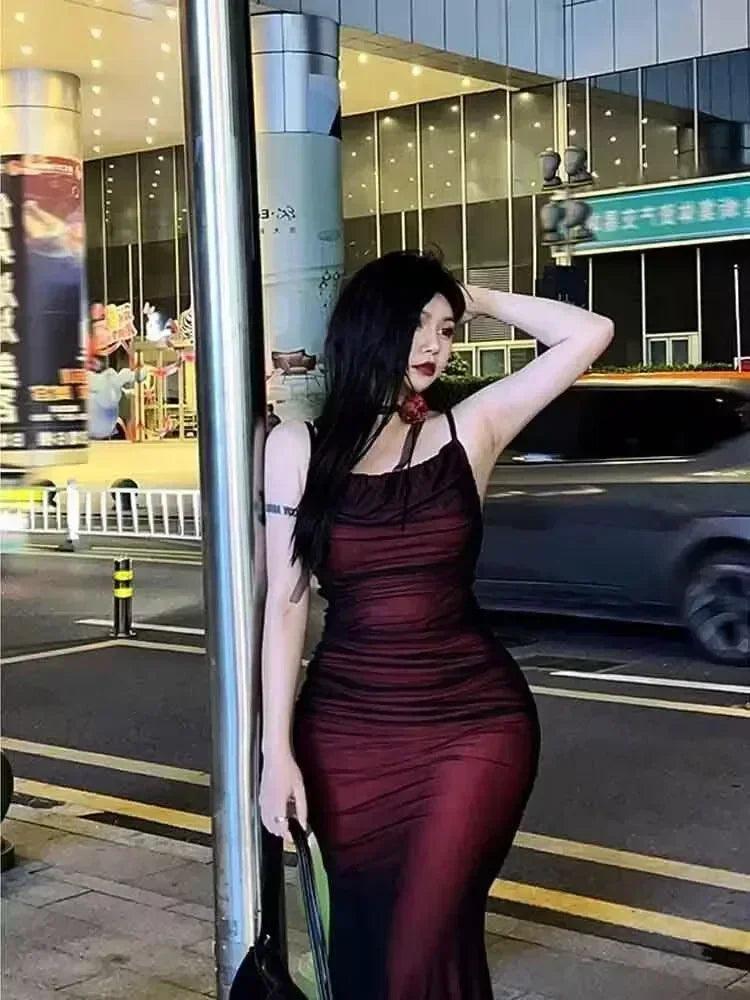 Sexy luxury woman evening dress red mesh gothic elegant party bodycon dresses maxi chic female night club outfits