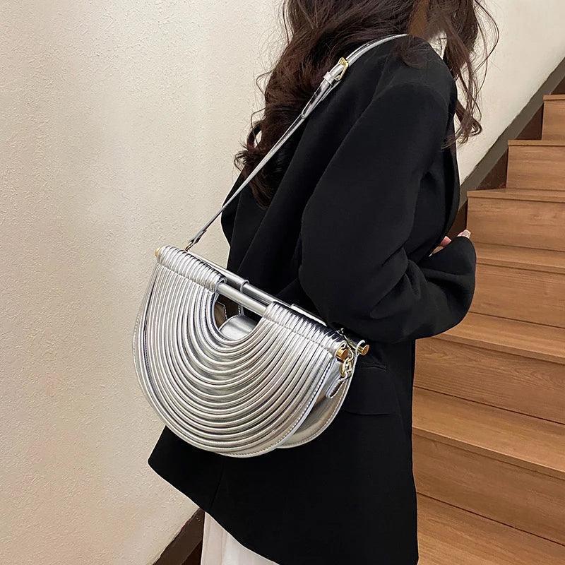Handbags for women 2025 new gold luxury designer brand handwoven noodle bags rope knotted pulled half moon silver