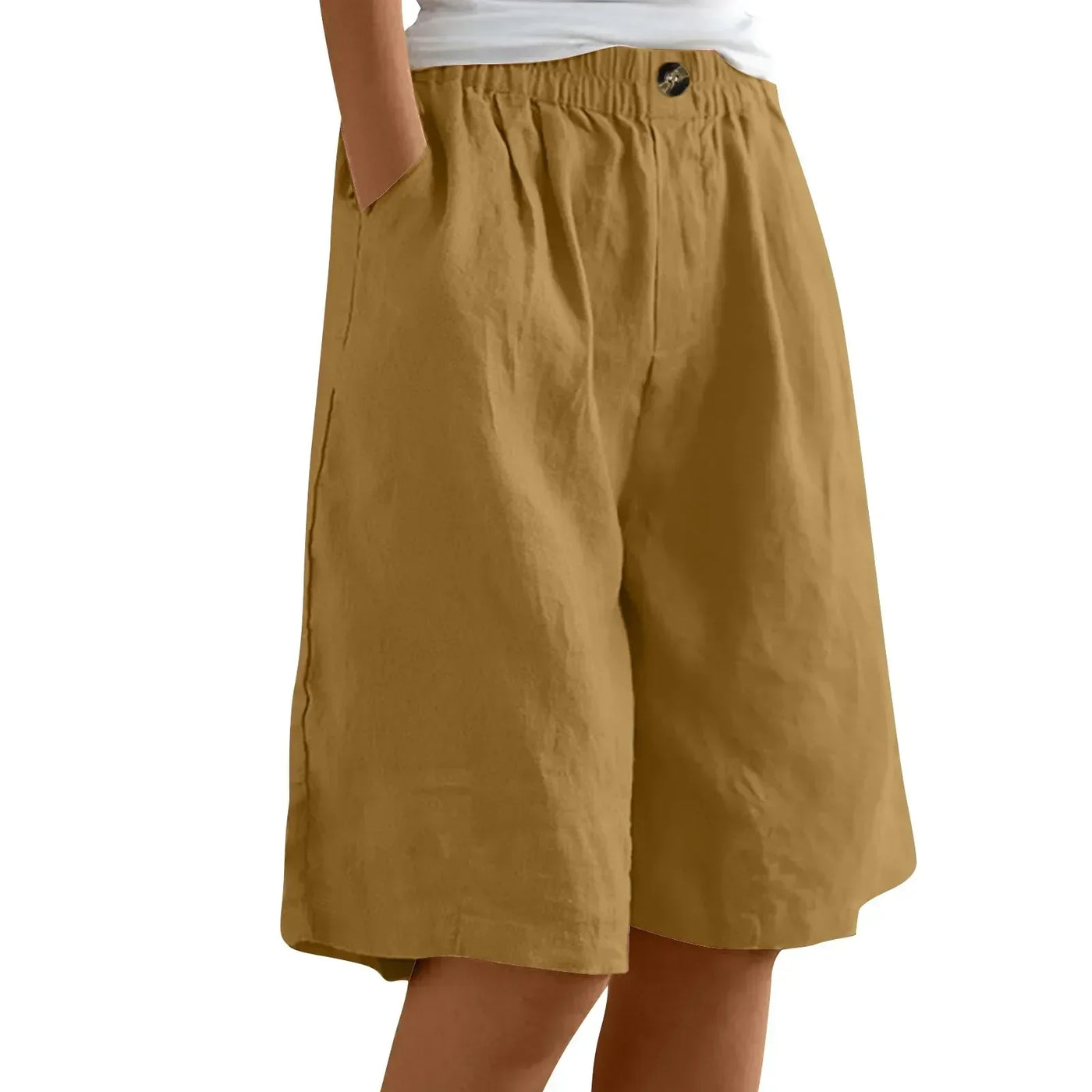 Women's Fashion Solid Color Cotton Linen Shorts - Loose Elastic Waist Capris with Pocket and Button Up Design