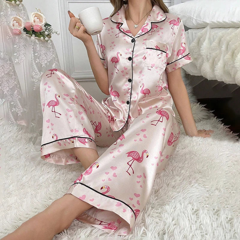 Women's Pajamas Elegant Satin Sleepwear Pj Set Flower Print Short Sleeve Buttons Lapel Tops & Long Pants Nightwear Home Clothes