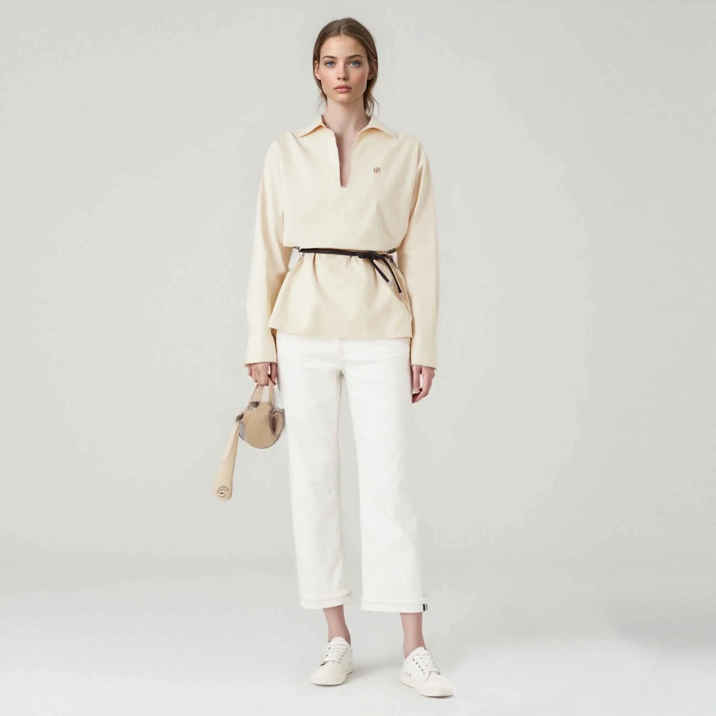 Women Shirts Elegant Soild Embroidery Casual Tops V Neck Long Sleeve Belt Decoration Loose Tops Fashion Office Ladies Shirts