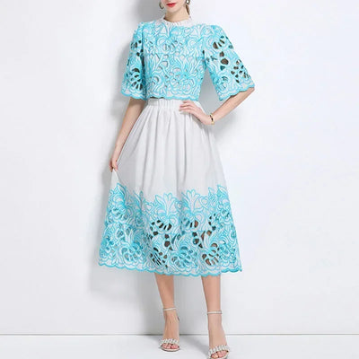 Summer Short Sleeve A-LINE Set Skirt for Women Fashion Ruffled Collar Embroidery Set Skirt Women Vestidos De Verano Mujer Q344