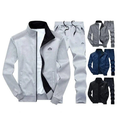 Activewear Men's Athleisure Suit with Stand Collar Coat Elastic Drawstring Waistband Pants Set Zipper Placket Long Sleeve
