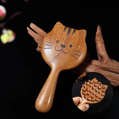 Wooden cat-shaped massage brush, sandalwood cartoon scalp meridian comb, wide-tooth meridian massage comb, soothing scalp