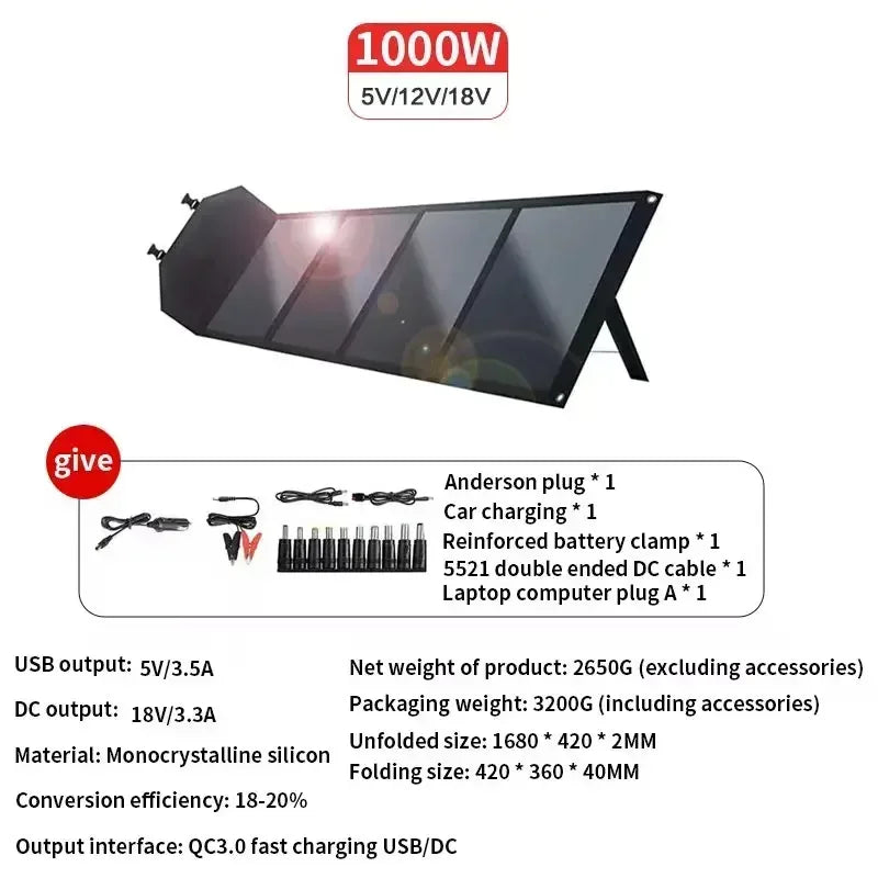 Flexible, Foldable, High Efficiency Solar Panel, Travel & Phone & Boat, Portable 12V 2000w 1500w 1000w 500w Solar Panel Kit