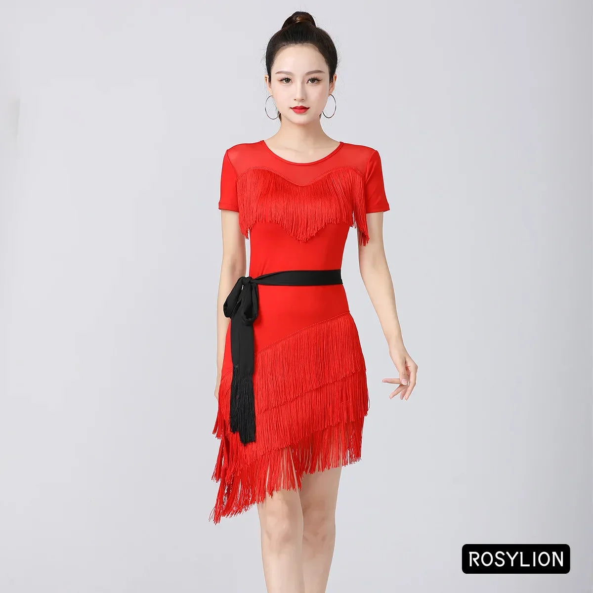 Women Latin Dance Outfit for Female Adults High End Slim Short Sleeve Tassel Split Dress Purple Red Sexy Practice Dance Clothing