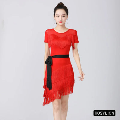 Women Latin Dance Outfit for Female Adults High End Slim Short Sleeve Tassel Split Dress Purple Red Sexy Practice Dance Clothing