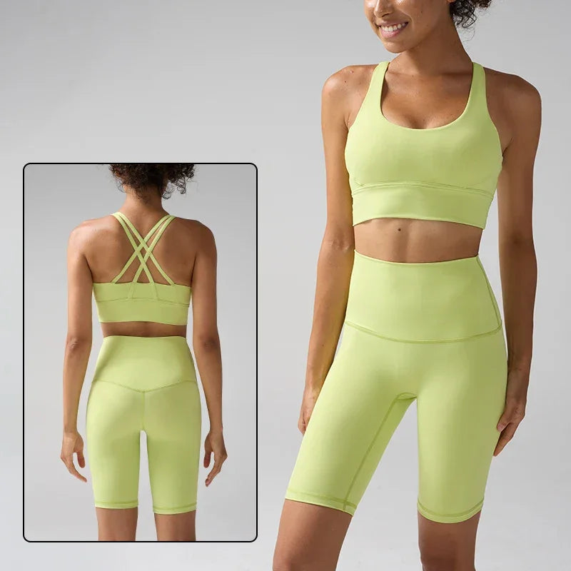 Women's 2 Piece Yoga Gym Sports Set Cross Back Bra Top & High Waist Shorts Fitness Running Workout Tracksuit👚