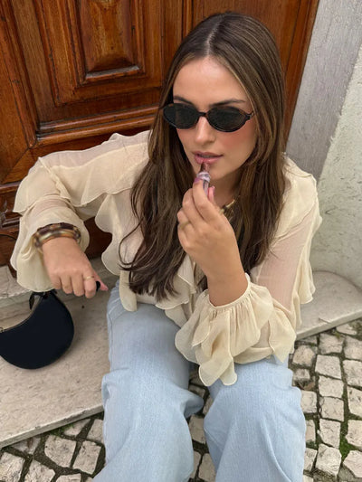 HH Casual Women Ruffles Shirts 2025 Female Loose Lace Up Hollow Out V Neck Semi-Transparent Blouses Spring Lady Clothes