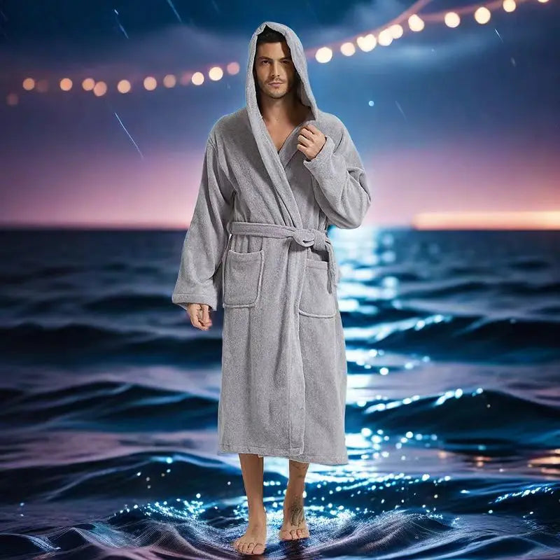Hooded Bathrobe Men 100% Cotton Long Terry Towel Big and Tall Towel Bathrobe Male Terry Cloth Bath Robe Sleeping Dressing Gown
