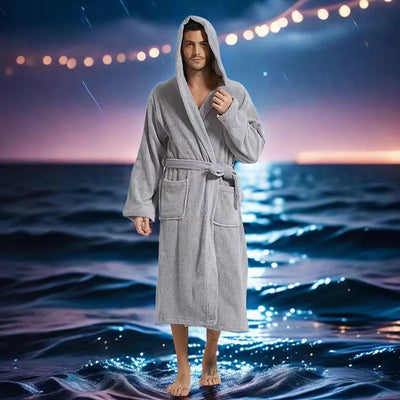 Hooded Bathrobe Men 100% Cotton Long Terry Towel Big and Tall Towel Bathrobe Male Terry Cloth Bath Robe Sleeping Dressing Gown