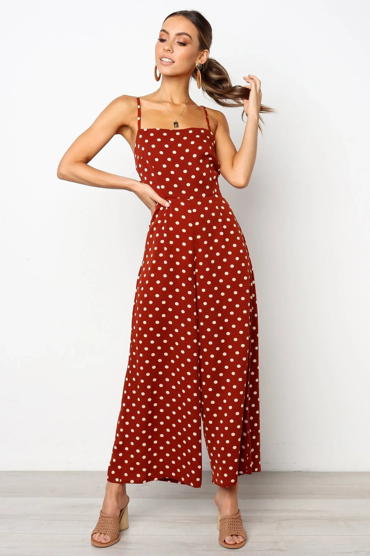 Women Elegant V-Neck Sleeveless High Waist Jumpsuit Summer Sexy Polka Dot Romper Female Loose Wide Leg Playsuits Fashion