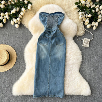 Denim Dress Women Sheath Dresses Vintage Sexy Vestidos Sleeveless Backless Washed Belt Tight Waist Split Sundress Summer 2025
