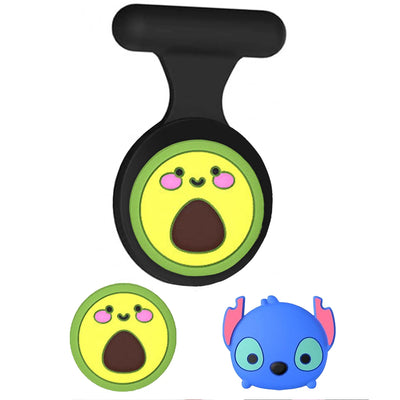 Yellow avocado badge holder with black strap, blue alien charm for kids AirTag