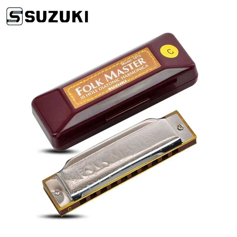 [12 Keys] Suzuki Diatonic Harmonica 1072 New Silver FolkMaster Gaita Standard 10 Hole Diatonic Harmonica Beginner Blues Harp