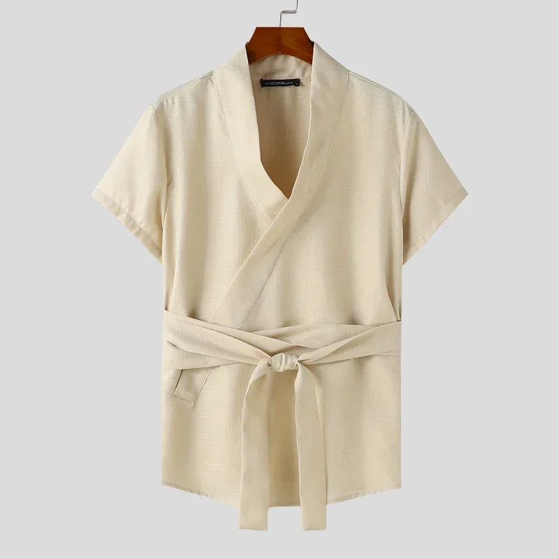 INCERUN Tops 2024 American Style New Men Diagonal Placket Texture Belt T-shirts Summer Casual Solid Short Sleeved Camiseta S-5XL