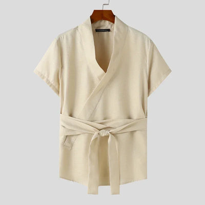 INCERUN Tops 2024 American Style New Men Diagonal Placket Texture Belt T-shirts Summer Casual Solid Short Sleeved Camiseta S-5XL