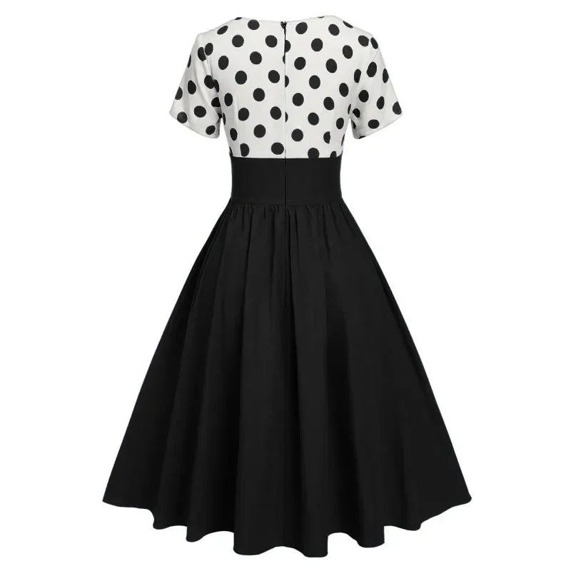 Polka Dot Women Summer Dresses Hepburn Style V-Neck Short Sleeve Vintage Print Patchwork Party Dress Casual A-Line