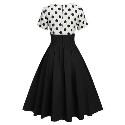 Polka Dot Women Summer Dresses Hepburn Style V-Neck Short Sleeve Vintage Print Patchwork Party Dress Casual A-Line
