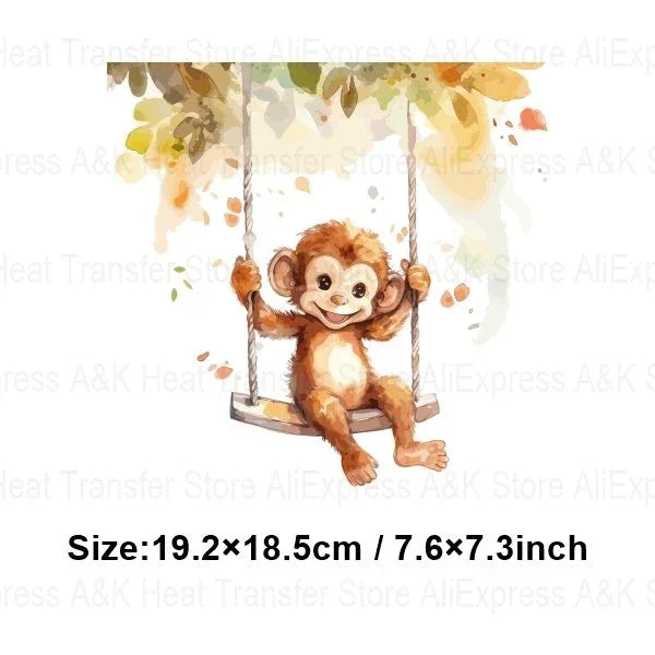 Baby Animal On Swings Heat Transfers For Kids Clothing Elephant Tigers Lion Stickers On Clothes Diy Thermal Patches Decals