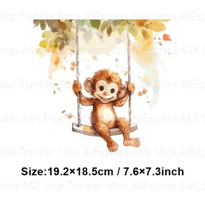 Baby Animal On Swings Heat Transfers For Kids Clothing Elephant Tigers Lion Stickers On Clothes Diy Thermal Patches Decals