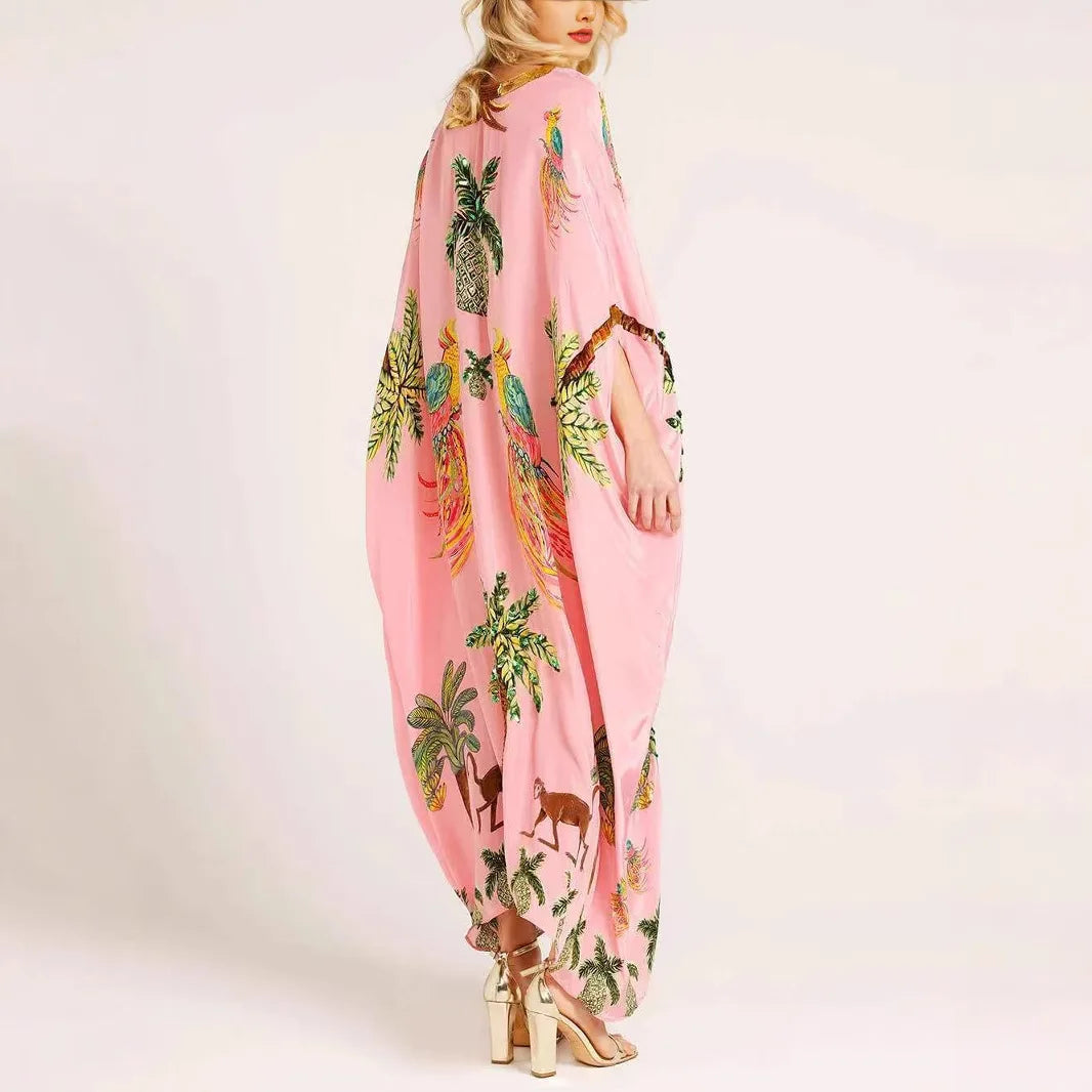 2025 New Spring V-neck A-line Dress Fashion Animal Pattern Printed Loose Dress Retro Women's Dress