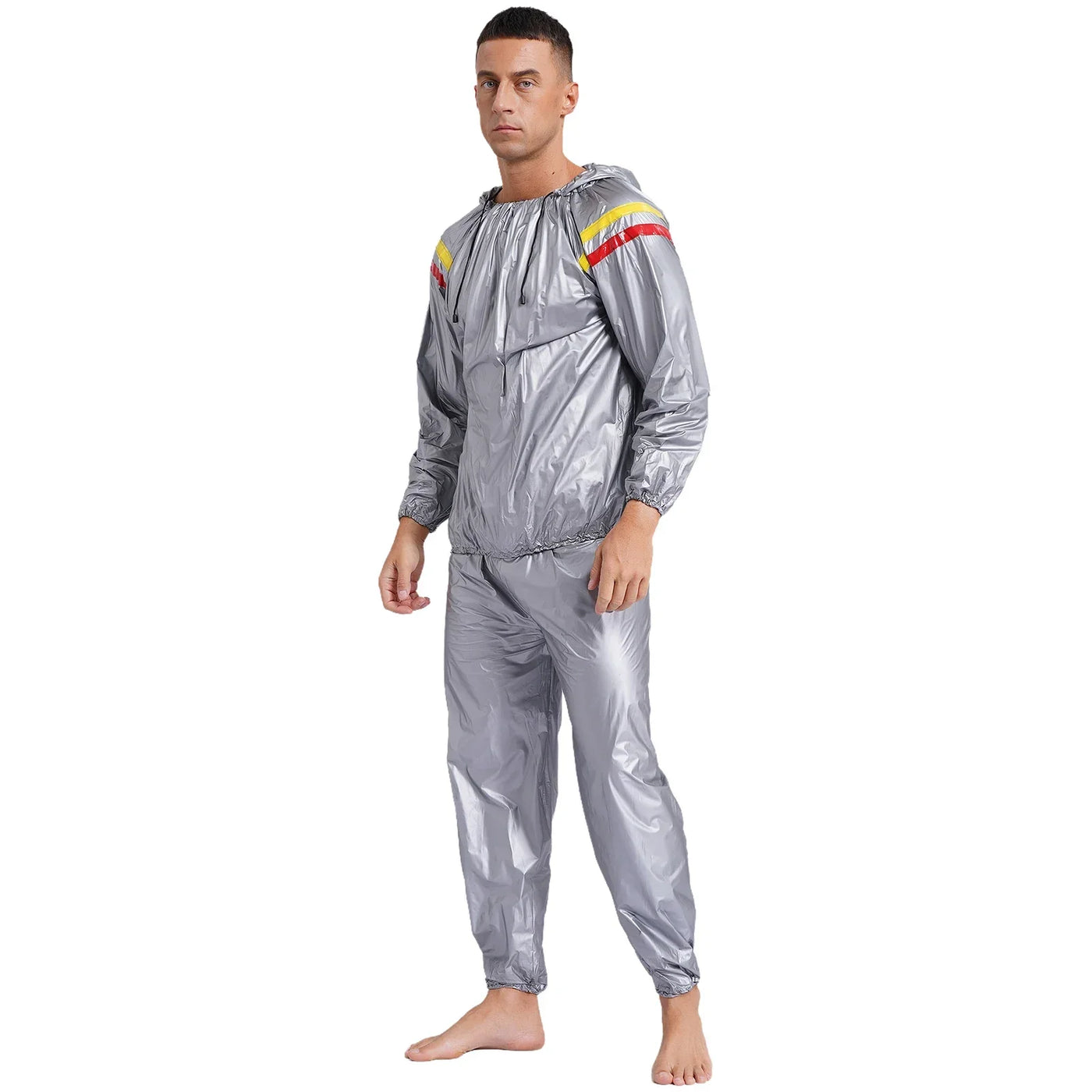 Mens Sauna Sweat Outfit Long Sleeve Hooded Jacket Outerwear and Elastic Waist Long Pants PVC Sweating Suit for Gym Workout