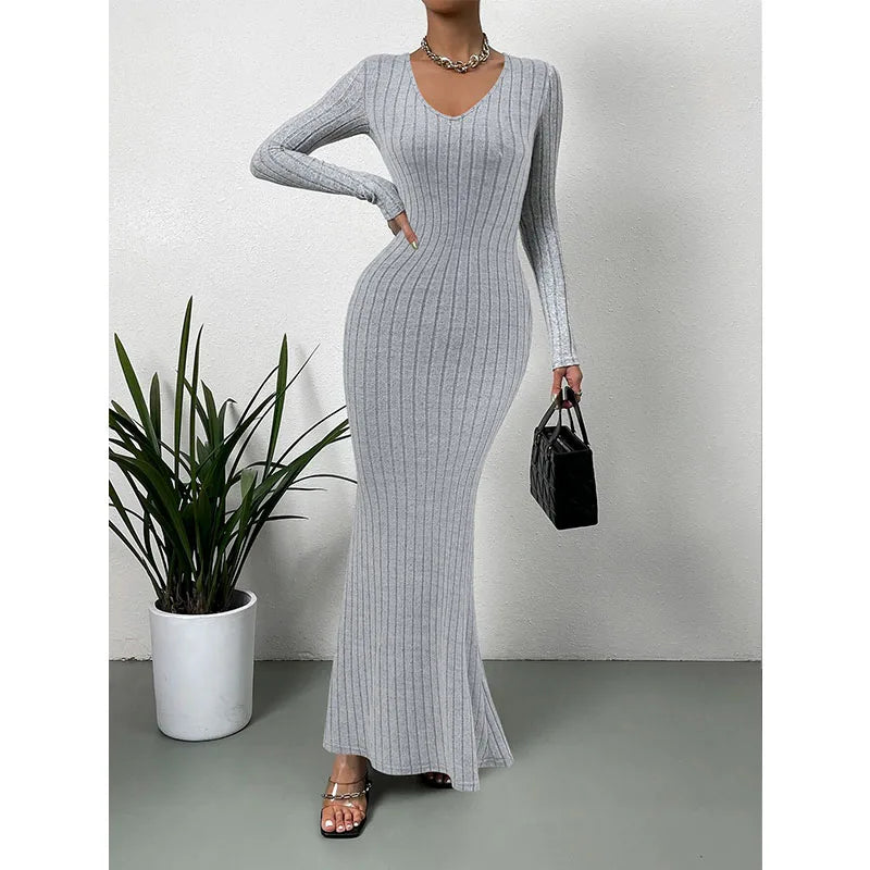 Autumn Women Dress Long Sleeved Grey Office Lady Dress Elegant Outfit Knitting Robe Vintage Gown Fashion Solid Female Clothing