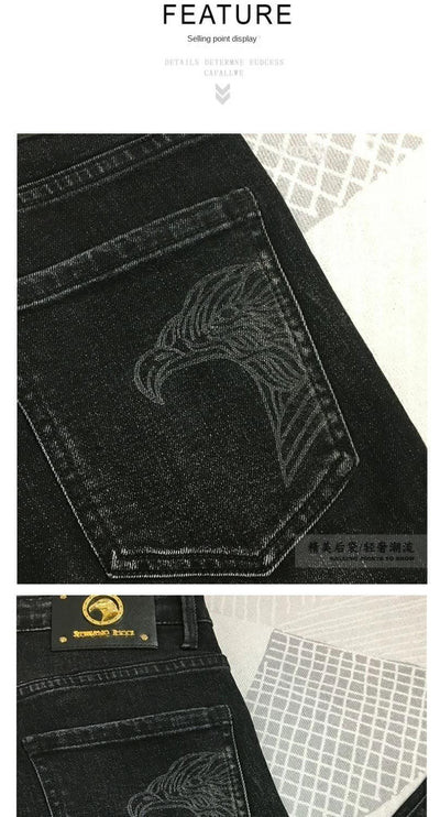Fashion Original Luxury Boyfriend Black Harajuku Stretch Designer Eagle Printed Cowboy Graphic Jeans for Men Denim Trousers Male
