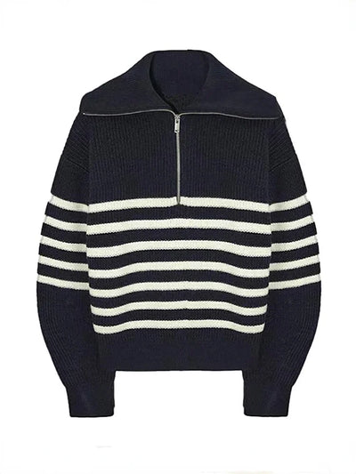 Oversize Fashion Women Sweaters 2025 Zip Thick Fall Loose Knit Jumper Turtleneck Turn-down Collar Casual Women's Striped Sweater