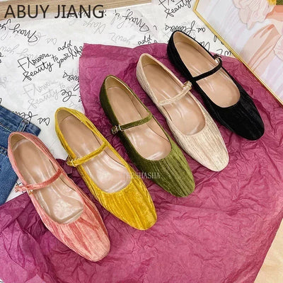 2025 Women Shoes Luxury Velvet Ballet Shoes Women Square Toe Flat Mary Janes Ladies Fashion Buckle Strap Velour Shallow Loafers