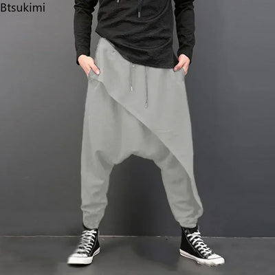 2025 Men's Casual Trousers Irregular Loose Solid Drawstring Cross-pants Men Vintage Harem Pants Hip-hop Skateboard Fitness Pants