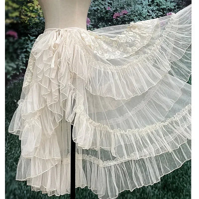Women Double Layered Lolita Temperament Waist Curtain Sheer Cover Up High Low Skirt w. Asymmetrical Ruffles Skirts 2024 New