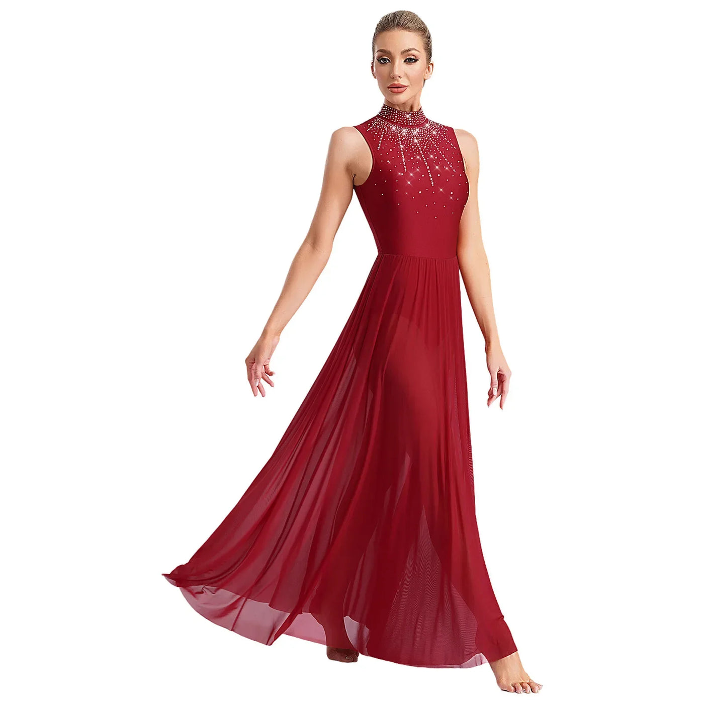 Women Lyrical Contemporary Ballroom Modern Dance Costume Dancing Prom Gown Side Split Maxi Dress for Ballet Gymnastics Skating
