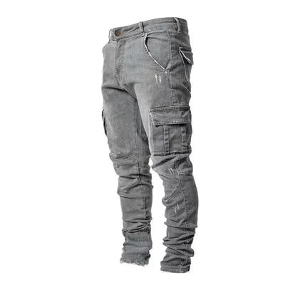 Men Street Elastic Denim Jeans Wash Solid Color Multi Pockets Cargo Pants Casual Slim Fit Daily Wear Joggers Mid Waist Trousers