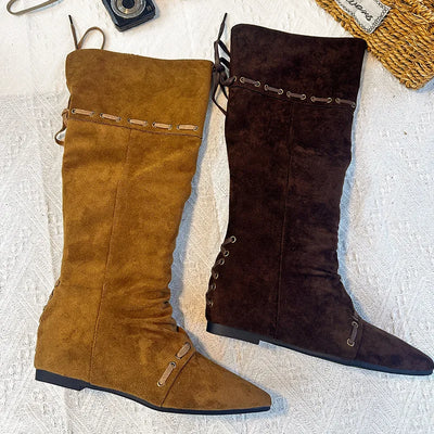 Women's Knee High Boots Suede Material Lace Up Back Pointed Toe Flat Heel Multiple Colors Autumn Winter Casual Daily Boots