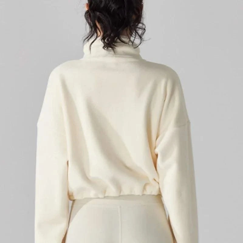 Women's Fleece Short Jacket Full Zip Stand Collar Warm Winter Sherpa Crop Coats with Drawstring Hem Gym Fitness Sports Clothing