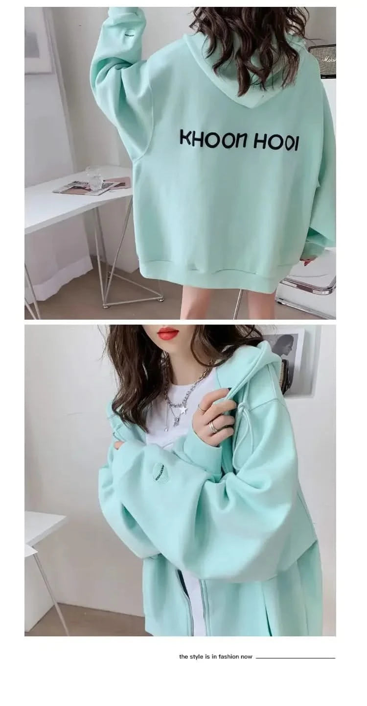 Casual Zip up Hooded Sweatshirt Candy Colour for Women Tops