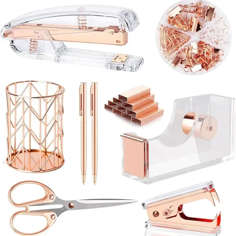 Complete Office Supplies Set -Acrylic Stapler Tape Holder Pen Holder Ballpoint Pens Scissors Binder Paper Clip Staples