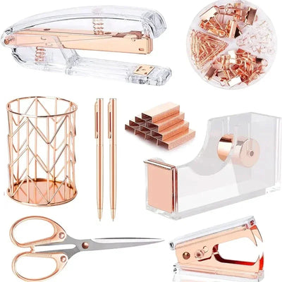 Complete Office Supplies Set -Acrylic Stapler Tape Holder Pen Holder Ballpoint Pens Scissors Binder Paper Clip Staples