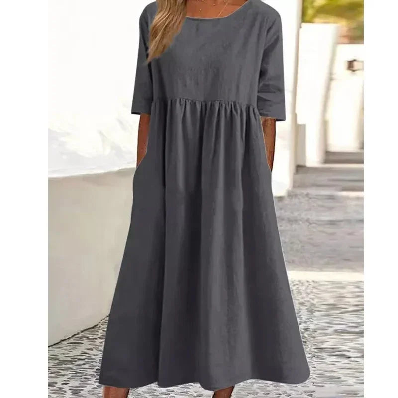 2025 Summer Cotton and Linen Dress Casual Short Sleeve Loose O-Neck Women's Dress with Pockets Simple Solid Midi Dresses 6661#
